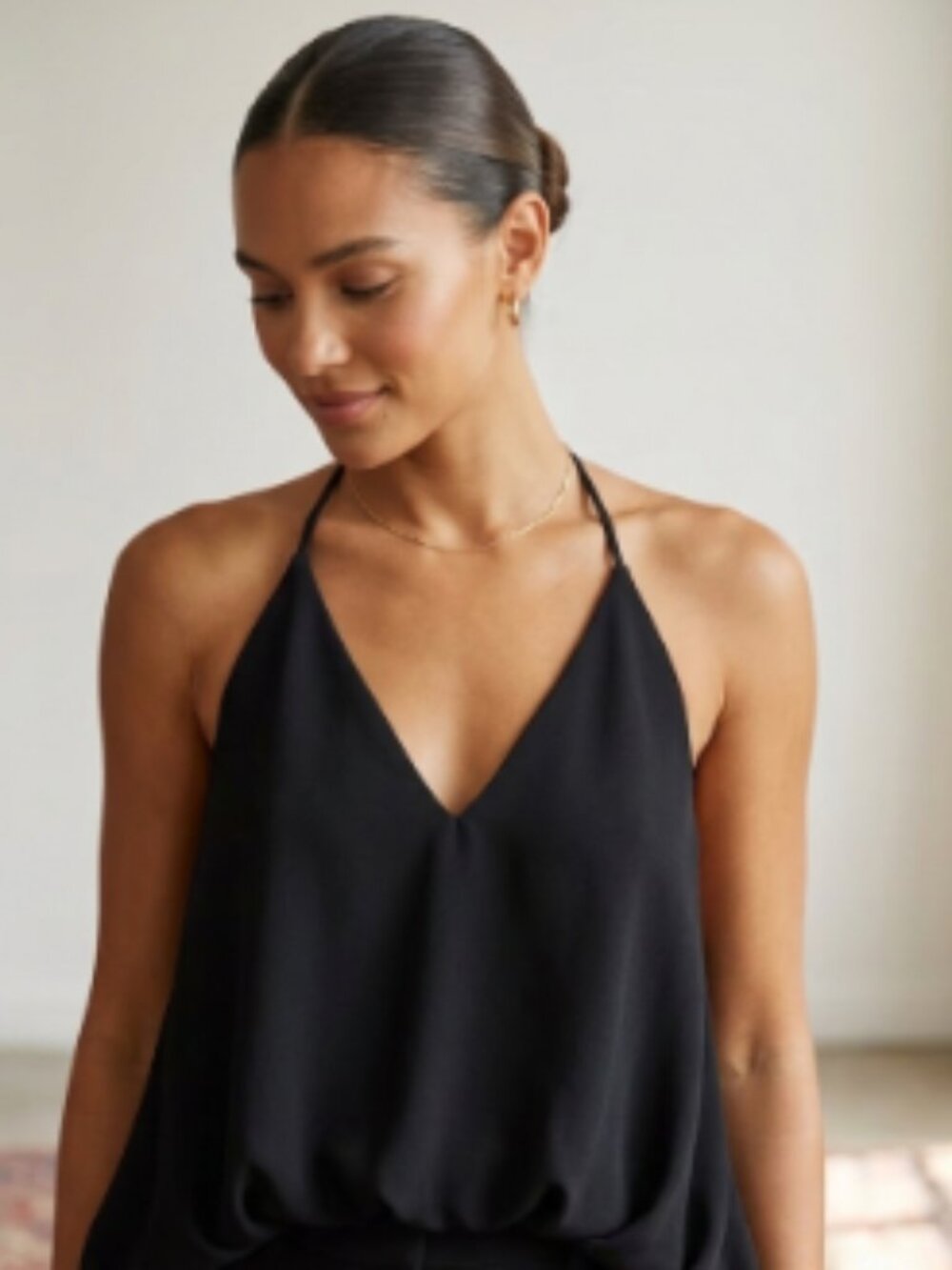 DO+BE Black Backless Halter Top with Tucked Pleat Hem & Sheer Cascade Sides - S